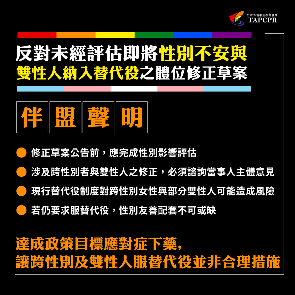 伴盟聲明｜反對未經評估即將性別不安者與雙性人納入替代役之體位修正草案